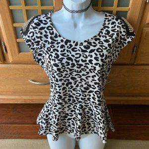 Annabelle Cow Print Peplum Blouse with Silver Spikes Large Jr.